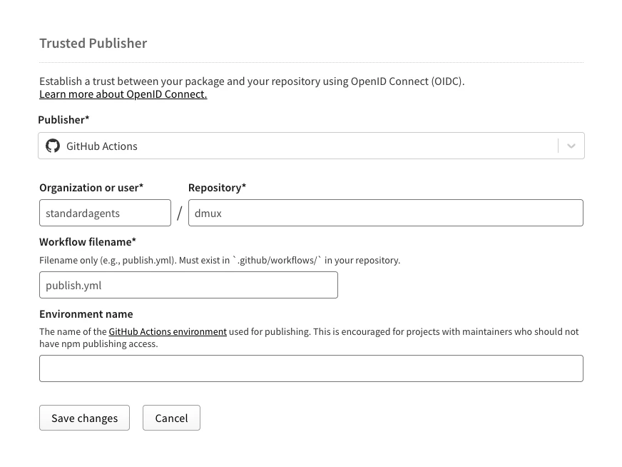 Setting up trusted publisher connection for dmux.ai publishing
